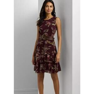 Lauren Ralph Lauren Womens Wine Floral Color Sz 16 Crinkle Georgette Shift Dress